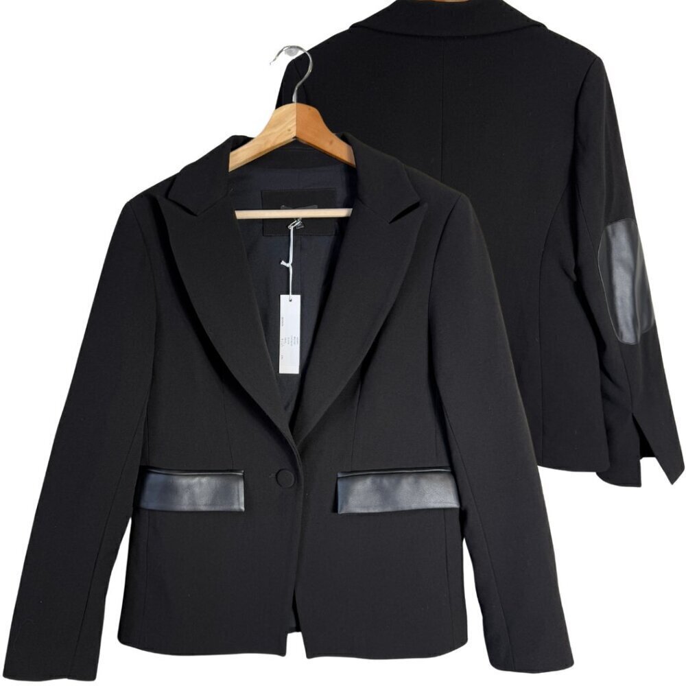 NWT Drew Midas Faux Leather Elbow Patch Blazer Jacket Women's Small Black Career